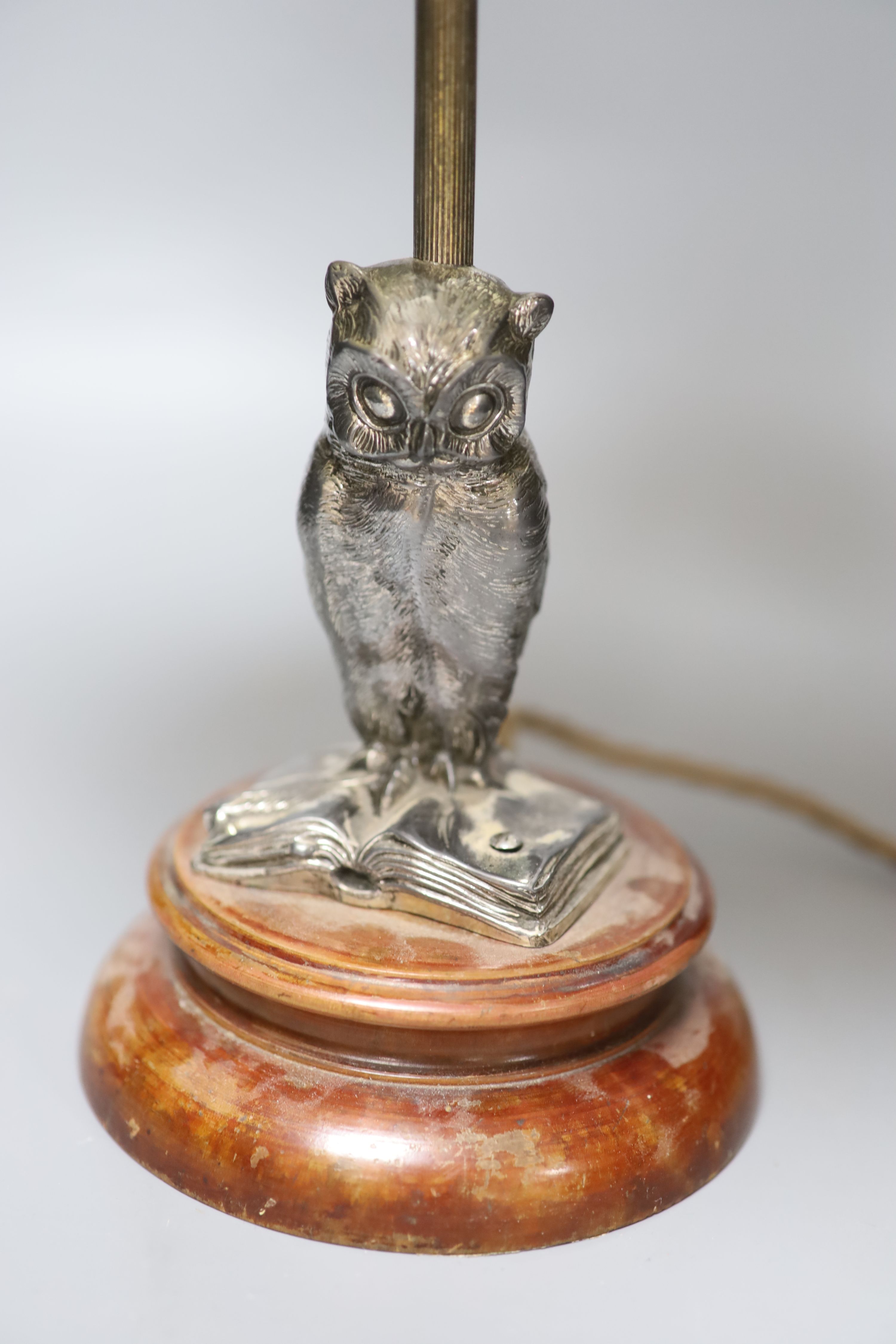 An early 20th century silver plated owl table lamp and shade, overall height 50cm